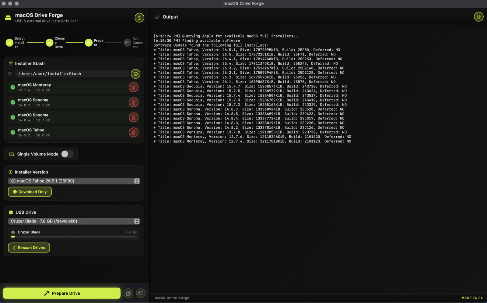 macOS Drive Forge showing a local stash of macOS versions and the full installers available from Apple.