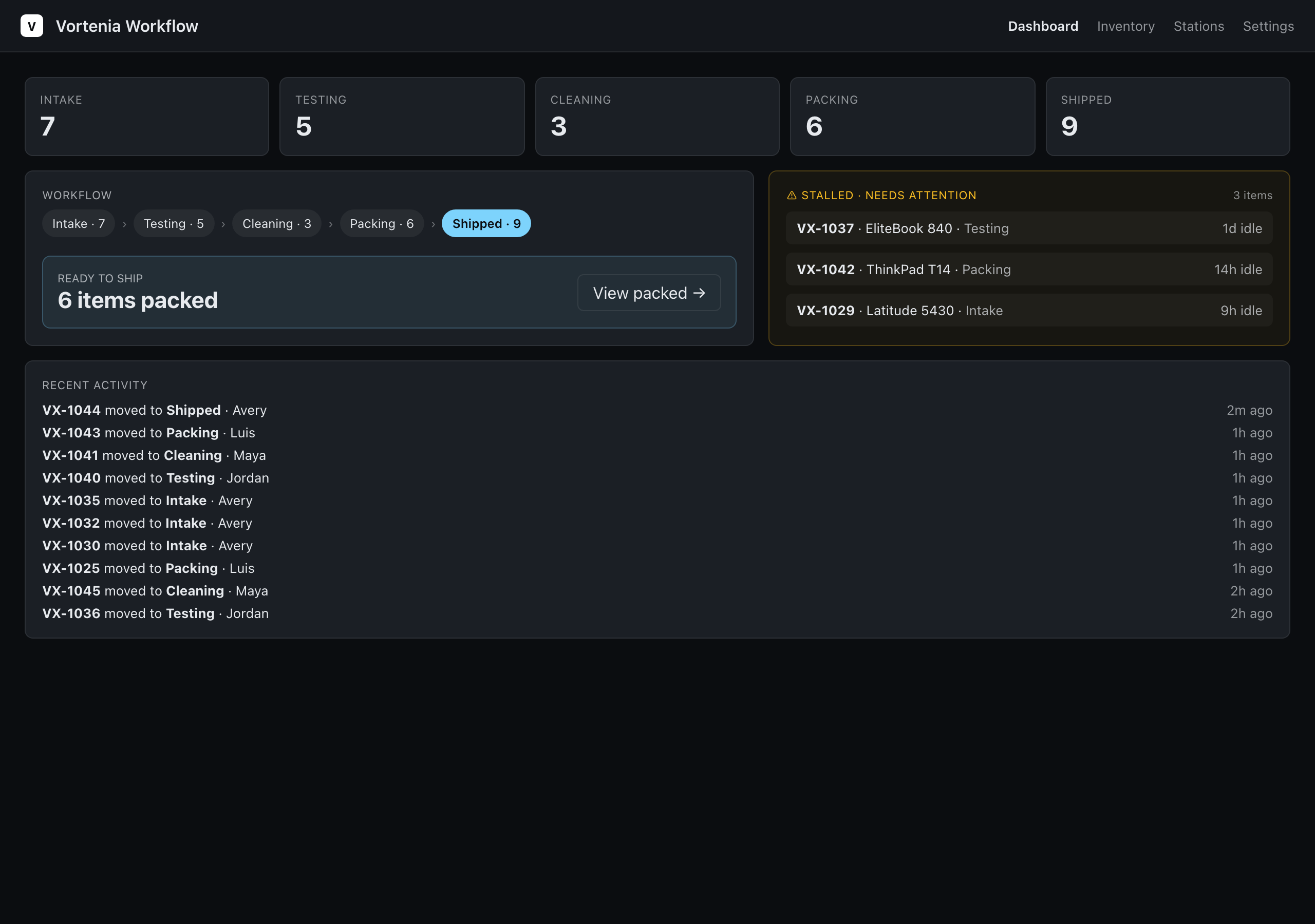 Vortenia Workflow dashboard with stage tiles, station queues, and recent activity.