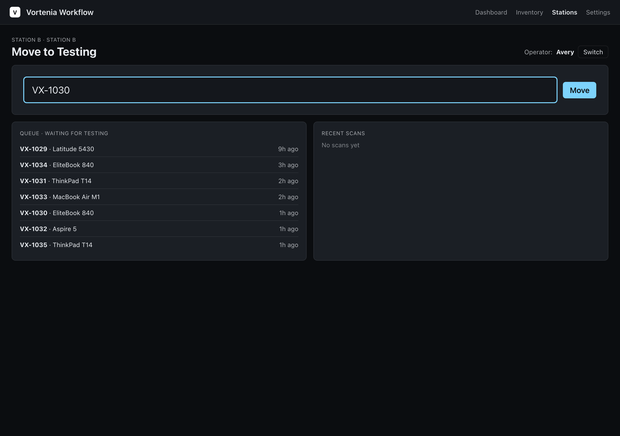 Vortenia Workflow station kiosk with scanner input.