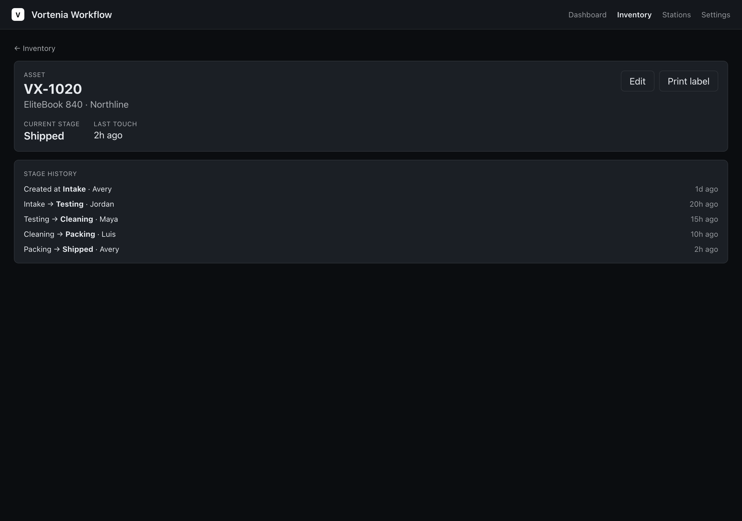 Vortenia Workflow item detail with full stage history.