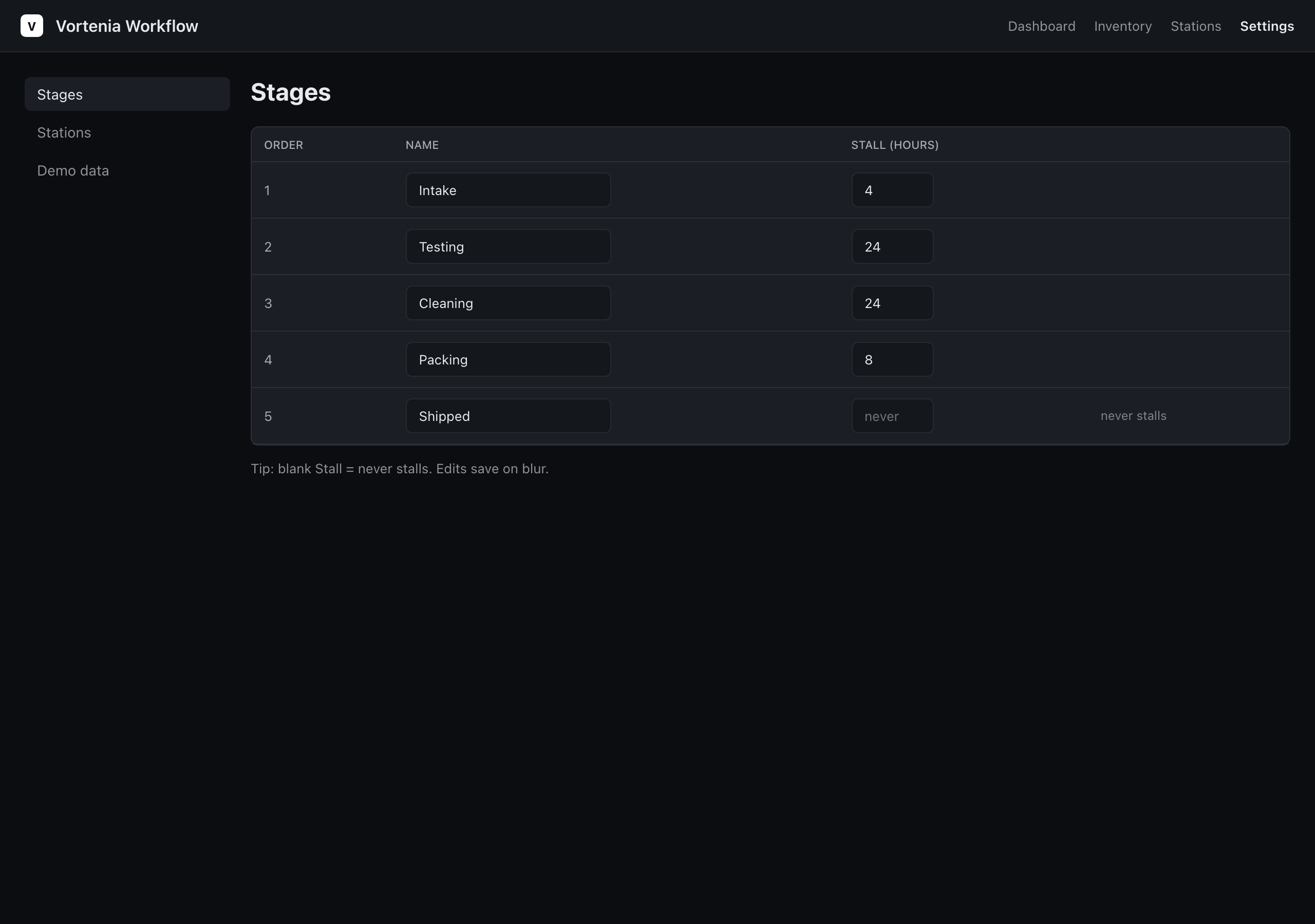 Vortenia Workflow stages settings page with editable stage names.