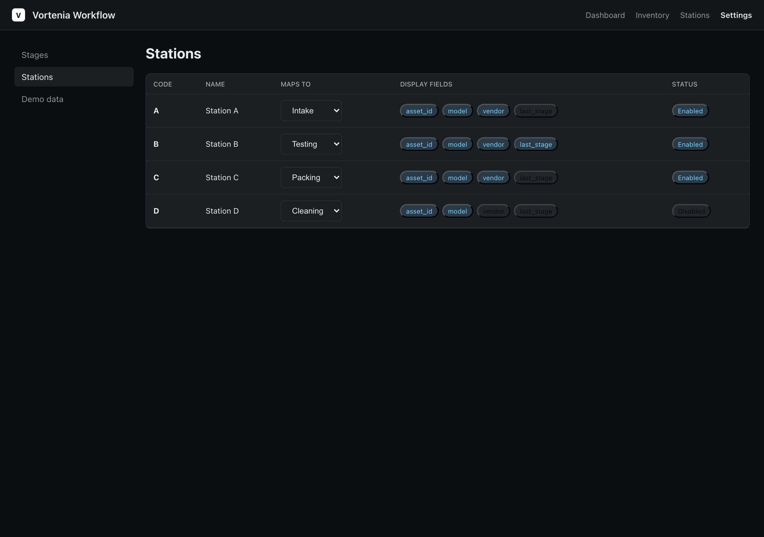 Vortenia Workflow stations settings page with editable station definitions.